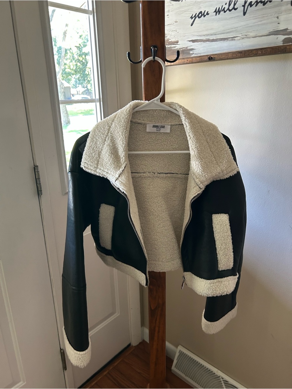 Double Zero Black Jacket with Cream Faux-Shearling Trim